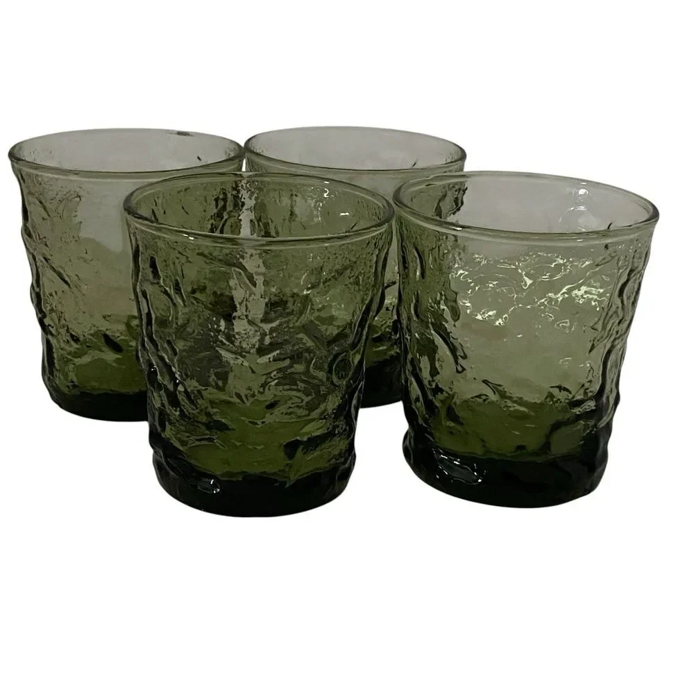 4 Vtg Anchor Hocking Lido Milano Rocks Glasses Avocado Green Crinkle 3-3/8
